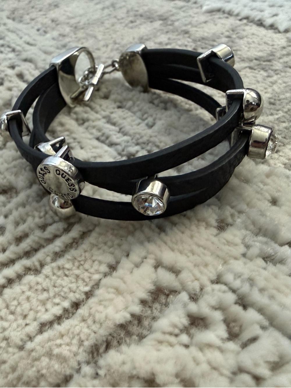 GUESS Black Leather Triple-Row Bracelet with Crystal Accents